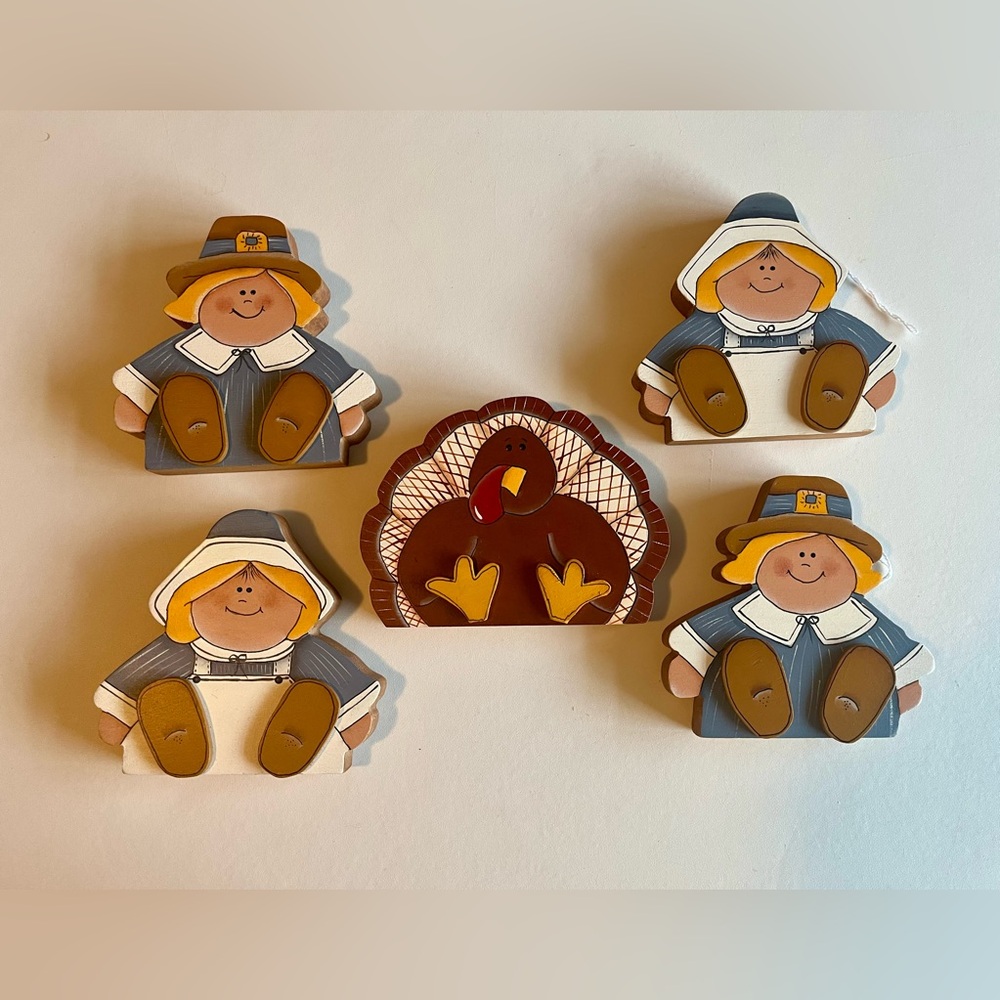 Vintage Handmade Wooden Thanksgiving Decor Bundle Turkey Pilgrims Set of 5